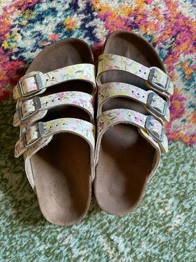 Birkenstock Kids Triple Strap Floral Sandals in White with Pink & Yellow Flowers